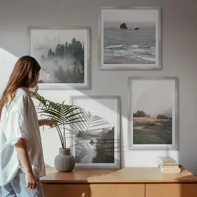 Landskaber med bjerge og hav billedsæt med ramme