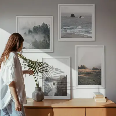 Landskaber med bjerge og hav billedsæt med ramme
