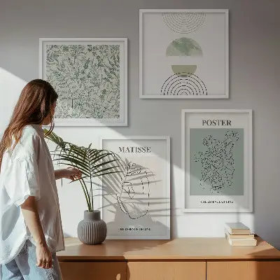 Billedvæg over sofa med minimalistiske linjer og plantemønstre