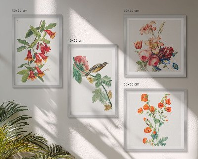 Billedvæg over sofa Malede blomster retro fugl