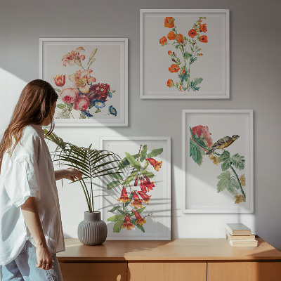 Billedvæg over sofa Malede blomster retro fugl