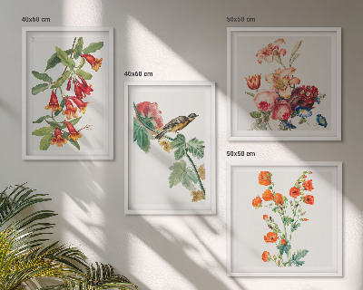 Billedvæg over sofa Malede blomster retro fugl