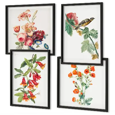 Billedvæg over sofa med retro motiv af malede blomster og fugle
