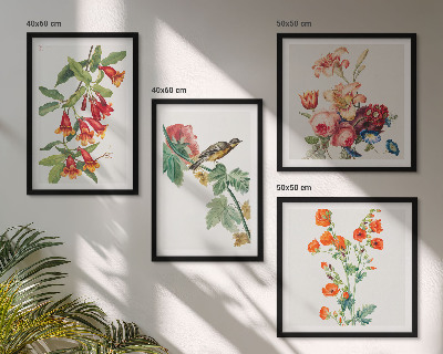 Billedvæg over sofa Malede blomster retro fugl