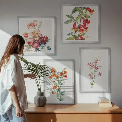 Blomstermaleri i retrostil billedsæt med ramme