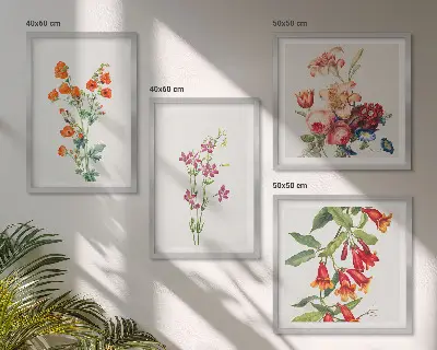 Blomstermaleri i retrostil billedsæt med ramme