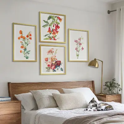 Blomstermaleri i retrostil billedsæt med ramme