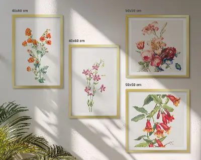 Blomstermaleri i retrostil billedsæt med ramme