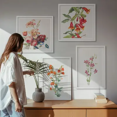 Blomstermaleri i retrostil billedsæt med ramme