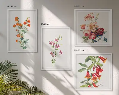 Blomstermaleri i retrostil billedsæt med ramme