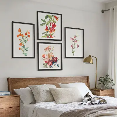 Blomstermaleri i retrostil billedsæt med ramme