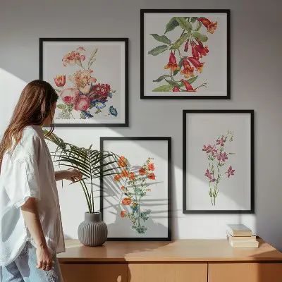 Blomstermaleri i retrostil billedsæt med ramme