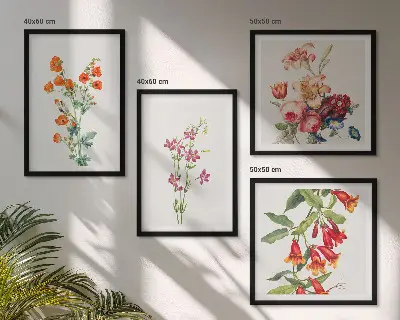 Blomstermaleri i retrostil billedsæt med ramme