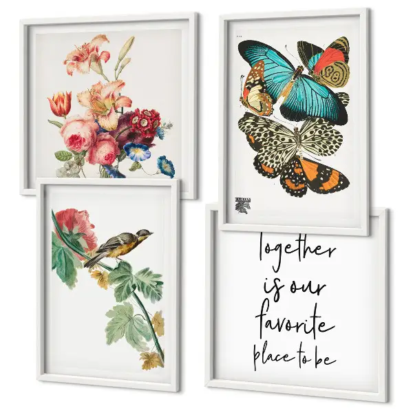 Billedsæt med ramme motiver af blomster, sommerfugle og fugle i pastelnuancer