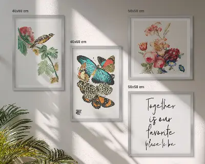Billedsæt med ramme motiver af blomster, sommerfugle og fugle i pastelnuancer