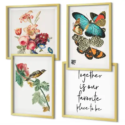 Billedsæt med ramme motiver af blomster, sommerfugle og fugle i pastelnuancer