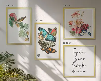 Billedsæt med ramme motiver af blomster, sommerfugle og fugle i pastelnuancer