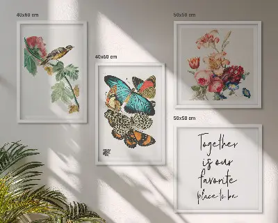 Billedsæt med ramme motiver af blomster, sommerfugle og fugle i pastelnuancer