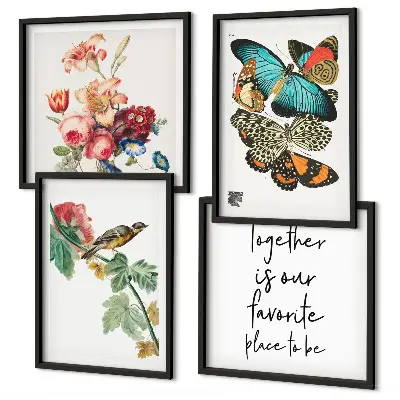 Billedsæt med ramme motiver af blomster, sommerfugle og fugle i pastelnuancer