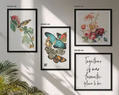 Billedsæt med ramme motiver af blomster, sommerfugle og fugle i pastelnuancer