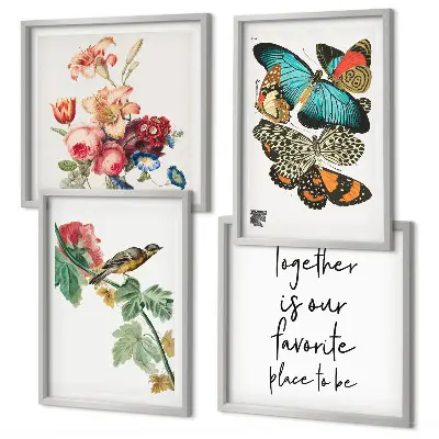 Billedsæt med ramme motiver af blomster, sommerfugle og fugle i pastelnuancer