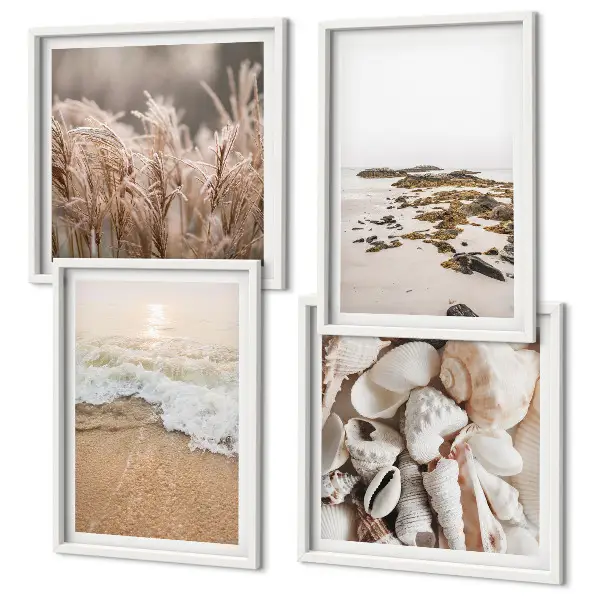 Billedsæt med ramme strandgræs med bølger og sten i boho-stil