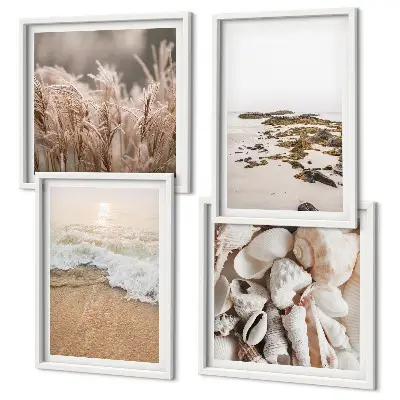 Billedsæt med ramme strandgræs med bølger og sten i boho-stil