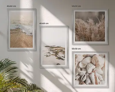 Billedsæt med ramme strandgræs med bølger og sten i boho-stil