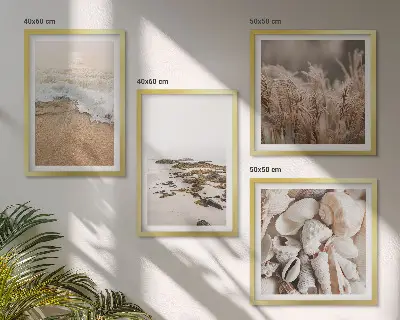 Billedsæt med ramme strandgræs med bølger og sten i boho-stil