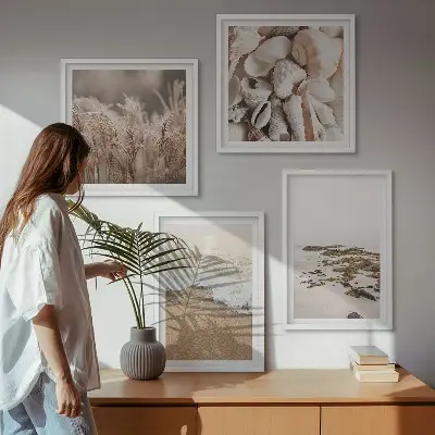Billedsæt med ramme strandgræs med bølger og sten i boho-stil