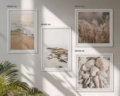 Billedsæt med ramme strandgræs med bølger og sten i boho-stil
