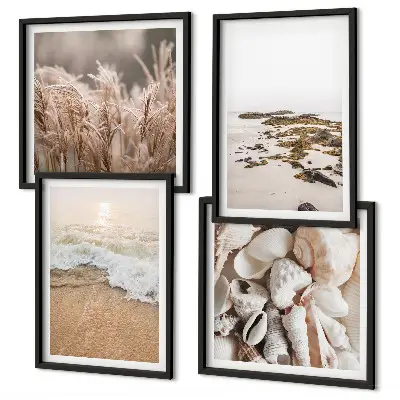 Billedsæt med ramme strandgræs med bølger og sten i boho-stil