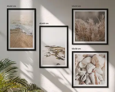 Billedsæt med ramme strandgræs med bølger og sten i boho-stil
