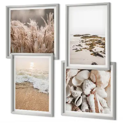 Billedsæt med ramme strandgræs med bølger og sten i boho-stil