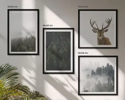 Billedsæt med ramme med motiv af grønne skove i et tåget landskab
