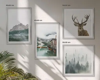Billedsæt med ramme med motiv af bjerge, sø, hjorte, hytte og tåge