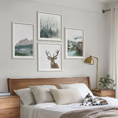 Billedsæt med ramme Bjerge, sø, hjorte, hytte, tåge