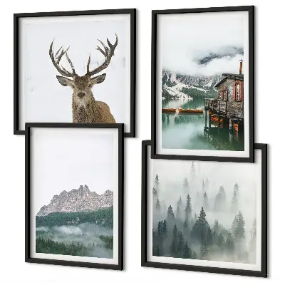 Billedsæt med ramme med motiv af bjerge, sø, hjorte, hytte og tåge