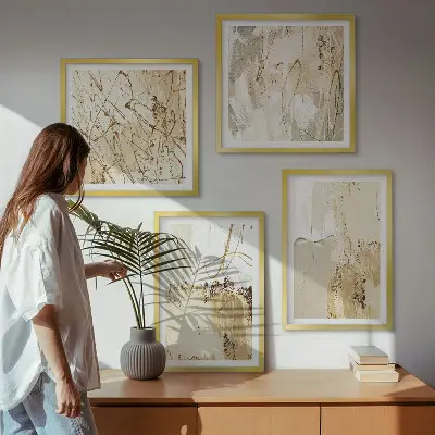 Billedsæt med ramme abstrakte mønstre i beige og hvid