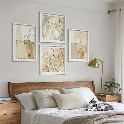 Billedsæt med ramme abstrakte mønstre i beige og hvid