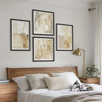 Billedsæt med ramme abstrakte mønstre i beige og hvid