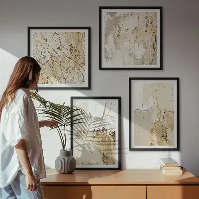 Billedsæt med ramme abstrakte mønstre i beige og hvid