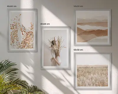 Billedvæg over sofa med plantemotiver i boho-stil