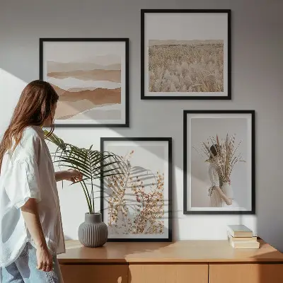 Billedvæg over sofa med plantemotiver i boho-stil
