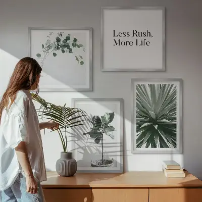 Billedvæg over sofa med grønne planter i minimalisme