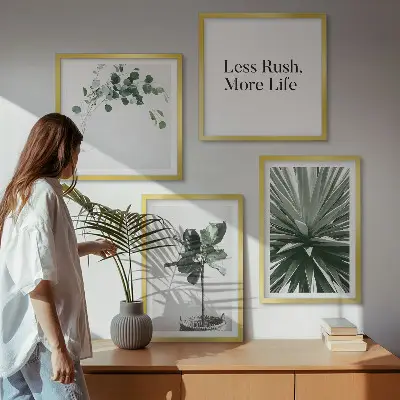 Billedvæg over sofa med grønne planter i minimalisme