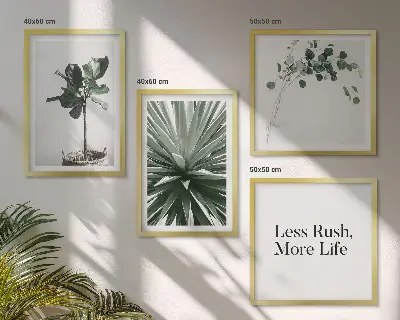 Billedvæg over sofa med grønne planter i minimalisme