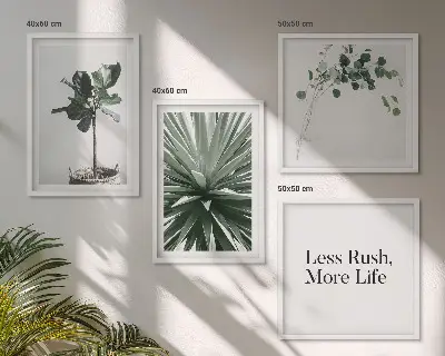 Billedvæg over sofa med grønne planter i minimalisme