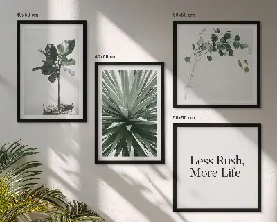 Billedvæg over sofa med grønne planter i minimalisme