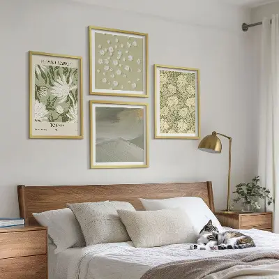 Blomsterabstraktioner i boho-stil billedvæg til over sofaen
